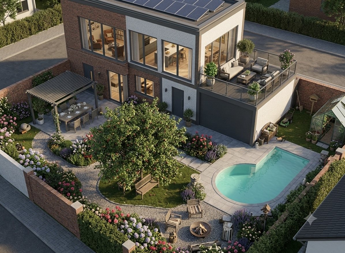 3D-Visualisierung eines Einfamilienhauses aus der Vogelperspektive